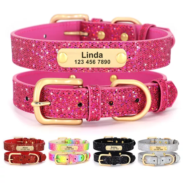 Bling Soft Leather Personalized Dog Cat Collar ID Name Engraved Small Large Dogs