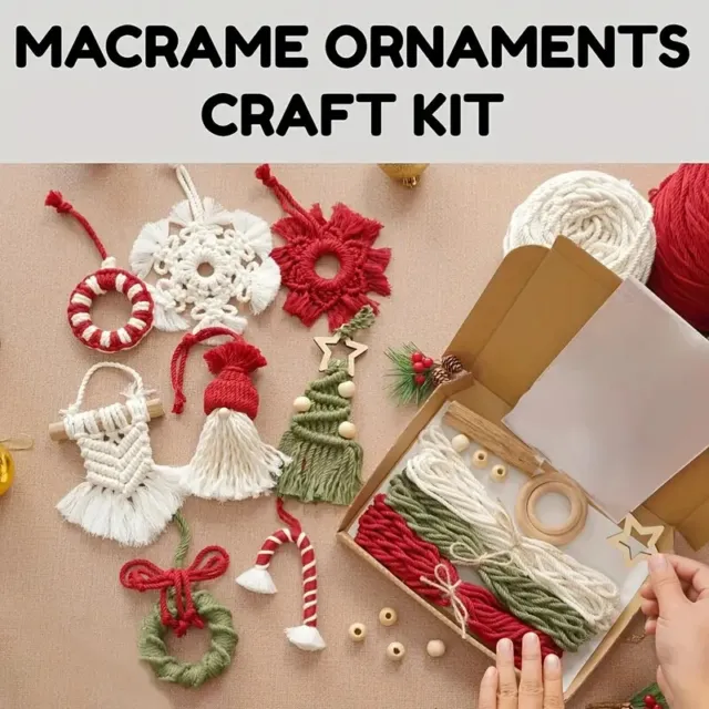 Macrame Craft Kit for 8 DIY Ornaments. Everything included with instructions