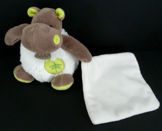 93. Doudou Peluche Baby Nat Hippopotame Bazile Mouchoir Blanc Feuille Vert Ttbe