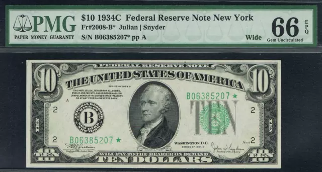 NEAR TOP POP. $10 1934C New York  Star FRN. Fr. 2008-B*. PMG 66 EPQ.