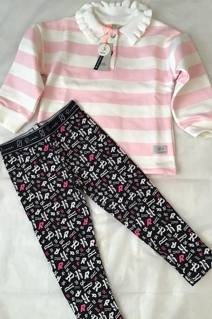 Set felpa con colletto fronzoli River Island mini ragazze età 3-4 anni rosa a righe nuova