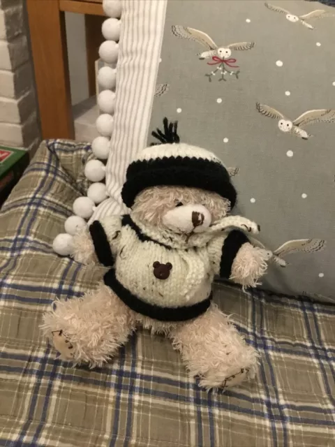Hand Knitted Teddy Clothes,Jumper Hat And Scarf, Shown On 5 Inch Bear,