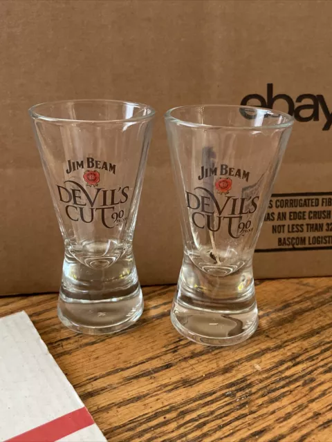 Jim Beam  “ Devil’s Cut “shot glass-Nice Shaped Shot Glass Set Of 2 New !
