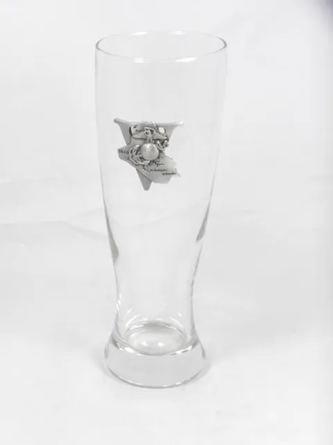 Weizen Beer Glass With Pewter Badge USMC Marine L on "V" (Corp?) Iraq Map, 20 oz