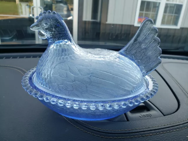 Indiana Glass Light Blue Vintage Hen On A Nest Chicken Glass Candy Dish