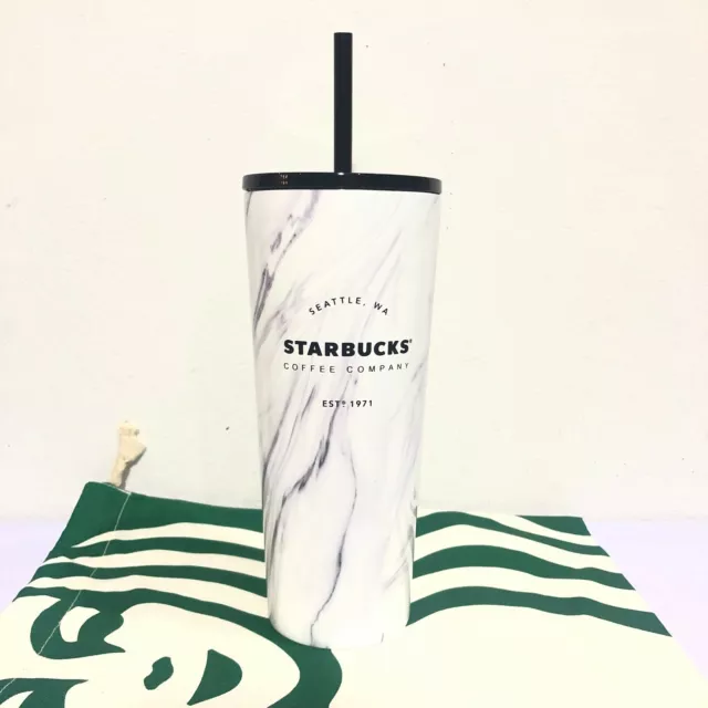 Starbucks Stainless Tumbler 16 oz.Cold Cup White Marble Seattle W.A.Black Lid