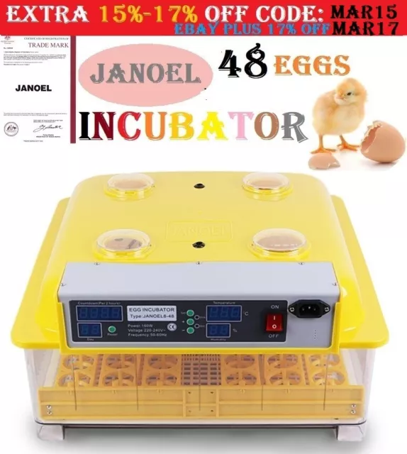 JANOEL Automatic 48 Egg Incubator Fully Digital LED Turning Chicken Duck Eggs