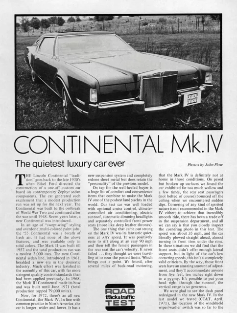 1972 Lincoln Continental Mk IV - Original Rare Road Test Article