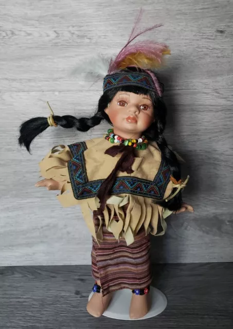 Girl Native American Indian Porcelain Doll "SOARING FALCO" On Stand - 30 cm