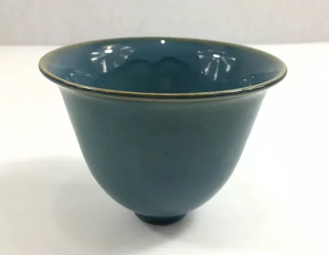 Blue Glazed Studio Pottery Pedestal Bowl Small Incised Makers Mark