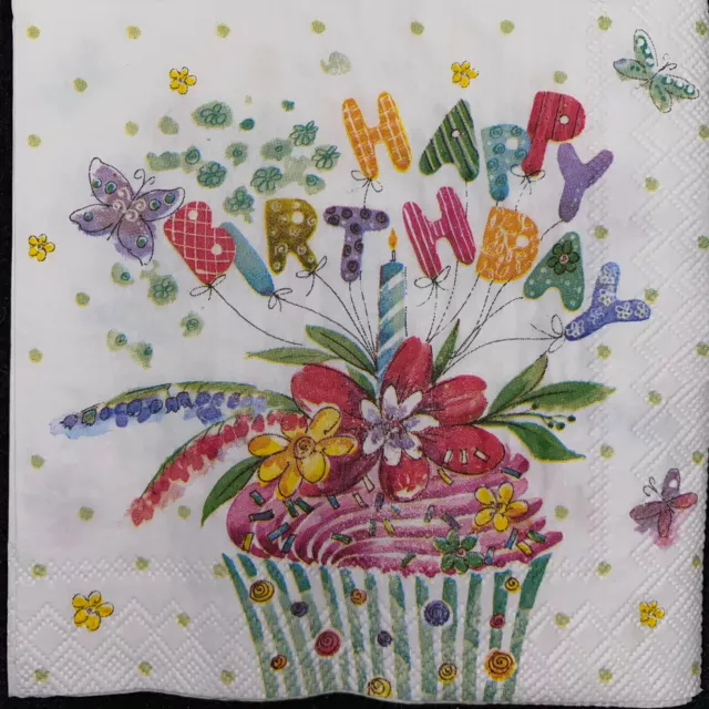 5 x Paper Cocktail Napkins/Decoupage/Dining/Craft/ HAPPY BIRTHDAY Cupcake SC161