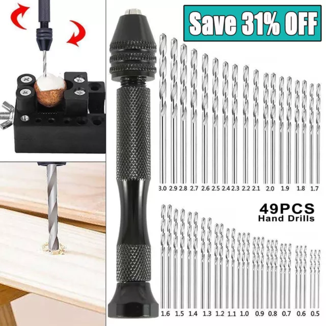 49x HSS Twist Hand Drill Bits Kits 0.5-3.0mm  Keyless Chuck Pin Vise Rotary Tool