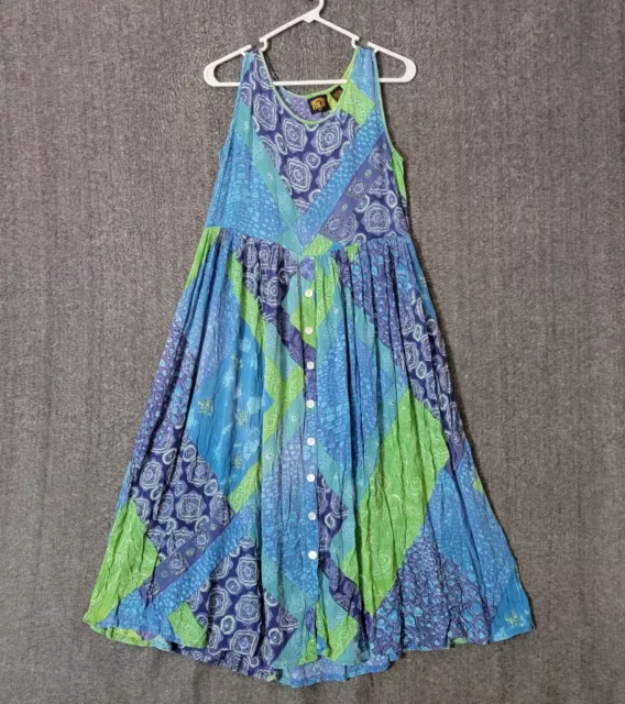 Bila Dress Womens Medium Blue Floral Patchwork Print Sleeveless Boho Maxi