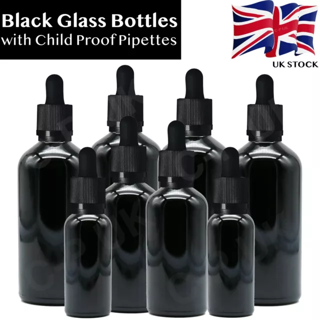 BLACK Glass Dropper Bottle with CHILD PROOF Pipette Eye Drop for Oils Medicine