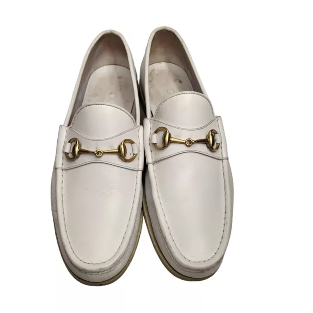 GUCCI Men's Loafer With Horsebit In White Leather & Monogram GG Canvas Sz11/44.5