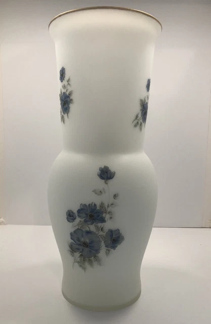 Norleans Italian Frosted Vase W/Hand-Painted Blue Floral Pattern 14”H.