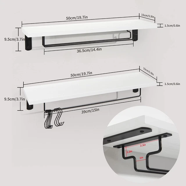 Rack Wall with Glass Holder 20 Inch Long White Floating Shelf Wall Mounted 3
