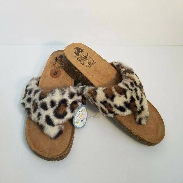 Jellypop Los Angeles Leopard Faux Fur Wedge Sandals Womens Size 8 Slip On