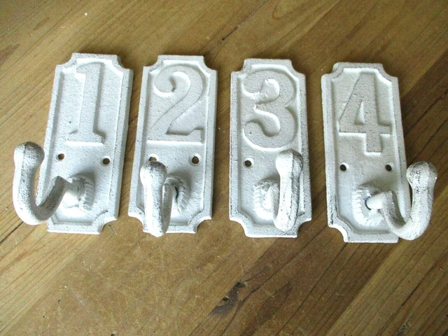 4 Numbered Cast Iron Distressed White School Style Coat Hooks Hat Hook Hall