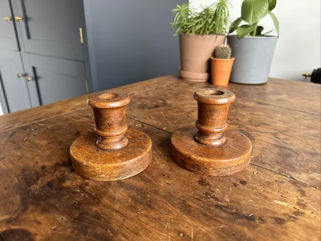 Vintage Pair Wooden Candle Sticks - Church - Unusual Design 9cm Tall - Holders