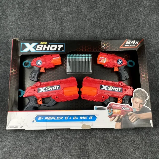 Zuru X-Shot 4 Gun Bundle -  2x Reflex 6 & 2x MK 3 with 24 Foam Darts NEW