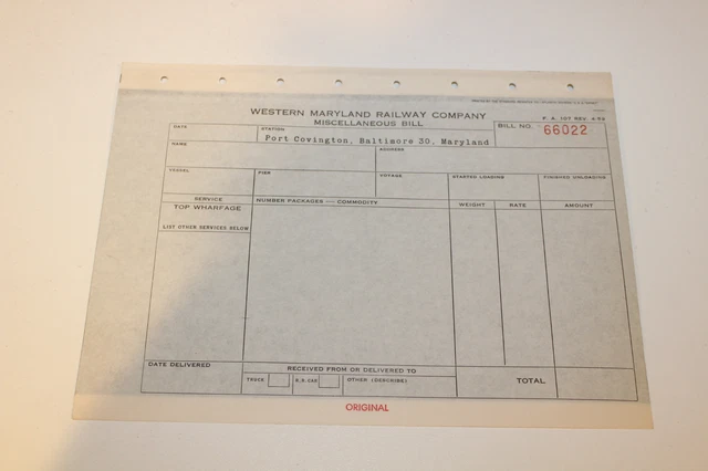 Vintage railroad train ephemera Western Maryland Miscellaneous Bill Form
