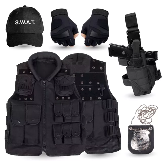 Kostümheld® 6 in 1- SWAT Kostüm FBI Police Erwachsene Kostüm Set mit Veste, Cap