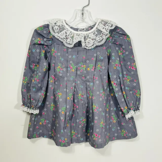 Sweet Treats Girls Dress Gray Flowers Pleated Lace Collar Sz 3T Vintage USA