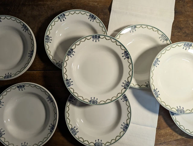 4 Assiettes Creuses Anciennes Terre De Fer Amandinoise Motif Frise Vert Et Bleue