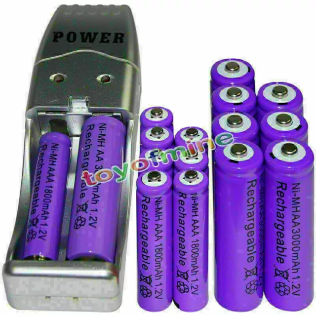 8 AA 3000mAh+ 8 AAA 1800mAh 1.2V NI-MH purple Rechargeable Battery +USB Charger