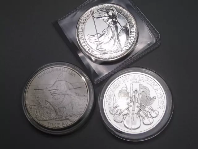 3 Silver Coins 1oz each: 2014 UK Britannia, 16 TOKELAU Sailfish, 22 Philharmonic