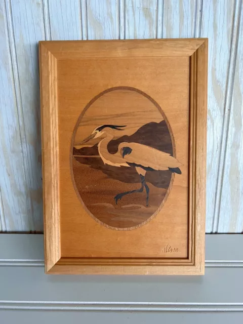 Hudson River Inlay Marquetry White Heron 111 Rare Vintage 10”x 7”