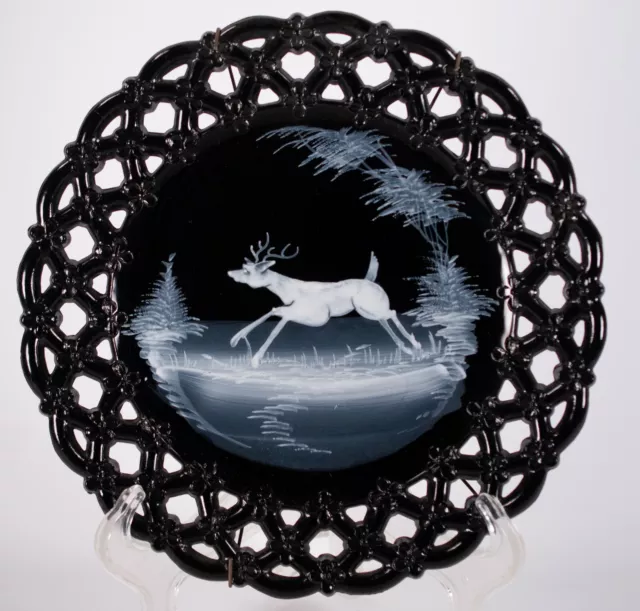 Westmoreland Glass Black Glass Forget Me Know Mary Gregory Plate Stag Deer