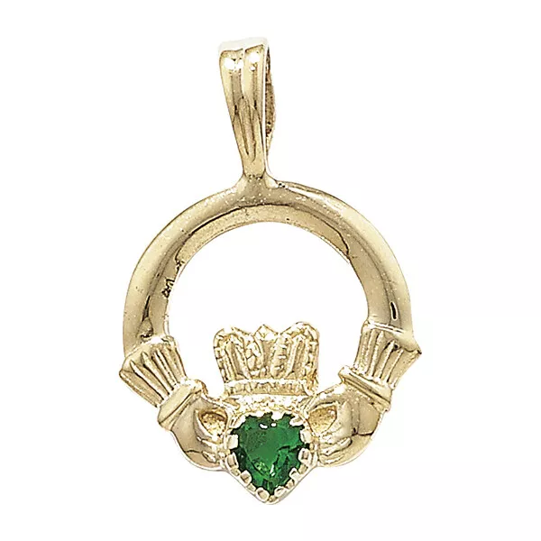 Yellow Gold Emerald Claddagh Pendant Hallmarked British Made All Chain Lengths