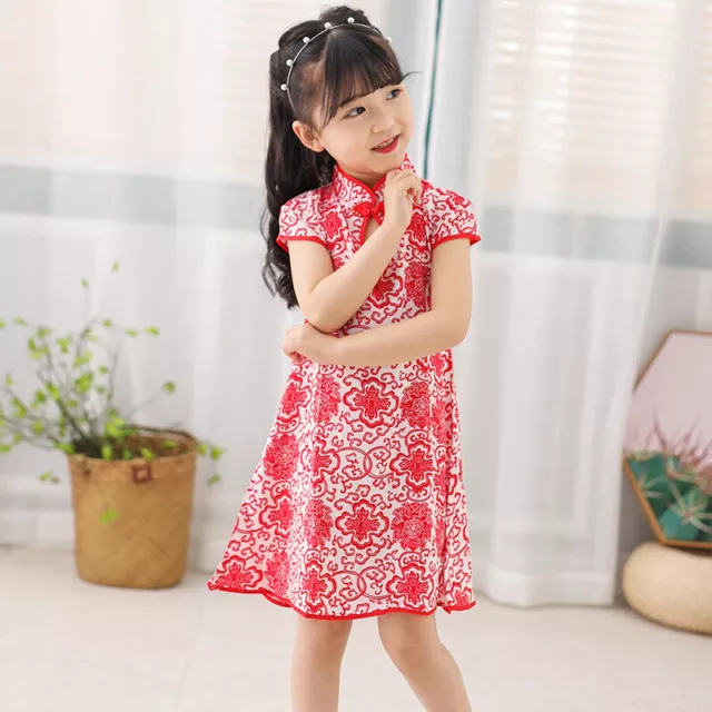 Chinese Childrens Girls Red Vintage Porcelain Prints Qipao Cheongsam Dress gcd16