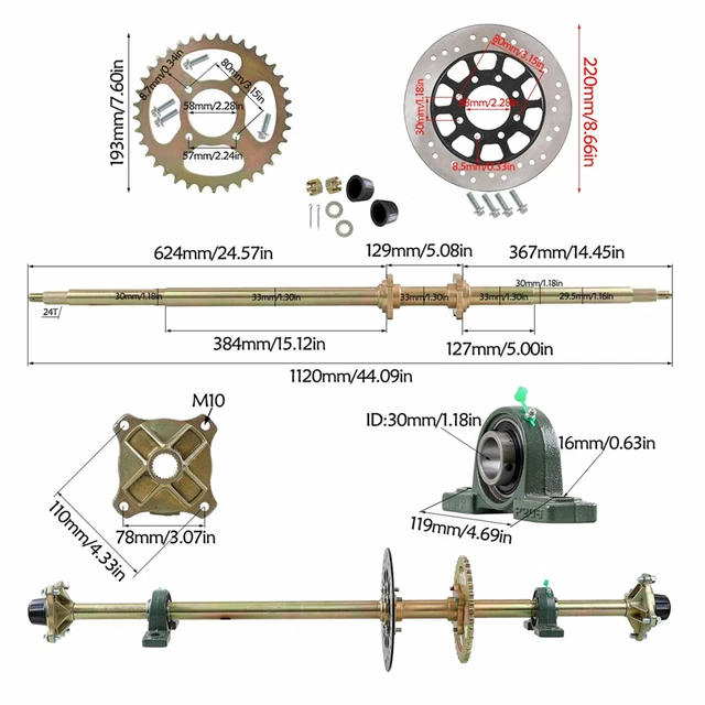 US 1120MM REAR Axle Shaft Kit w/Brake Disc Sprocket for Go Kart Quad