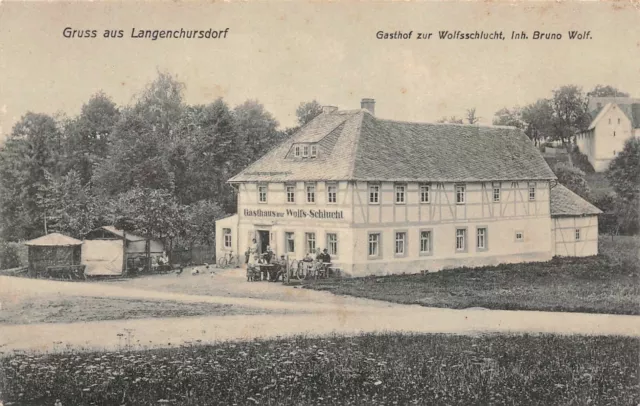 Gruss aus Langenchursdorf mit Gasthof zu Wolfsschlucht Sachsen Postkarte AK