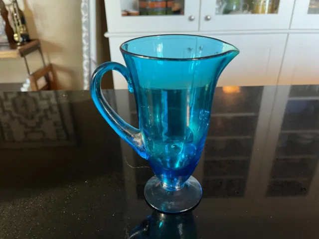 Mid Century Modern Hand Blown Turquoise Blue Rainbow Art Glass Pitcher Carafe