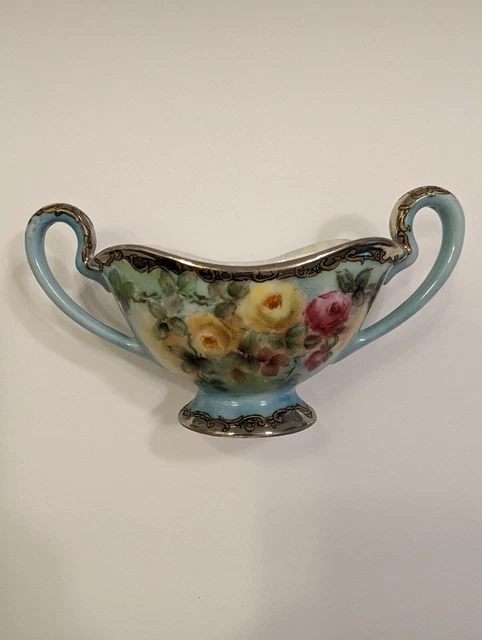 VTG Hand Painted Double Handle Footed Floral Lusterware Dish