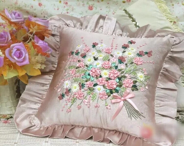 1 pieza 45x45 cm Hecho a mano Flor Rosa Ramo Cinta Bordado Kit Funda de Almohada