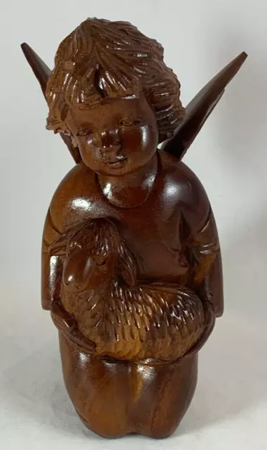Hand Carved Wooden Angel Cherub Holding a Lamb, 8" Tall
