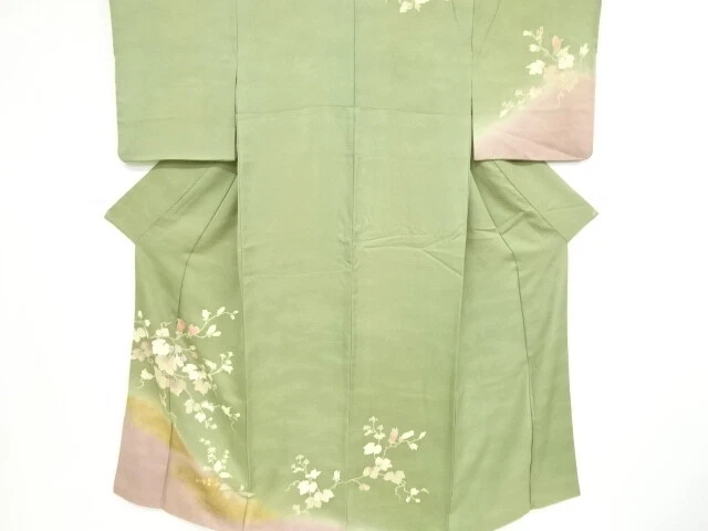 44723# Japanese Kimono / Antique Kimono / Embroidery / Leaves With Flowers