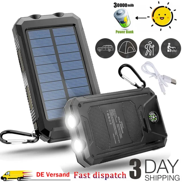 Handy Solar Powerbank 30000mAH Externer Batterie Ladegerät USB Outdoor Camping