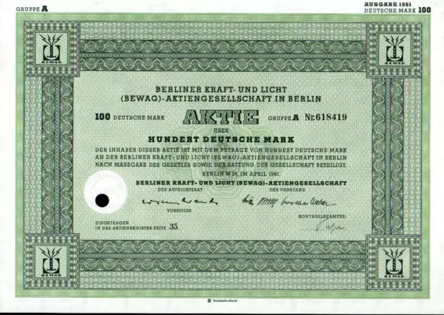 Berliner Kraft- und Licht (BEWAG)-Aktiengesellschaft 1961 100 DM