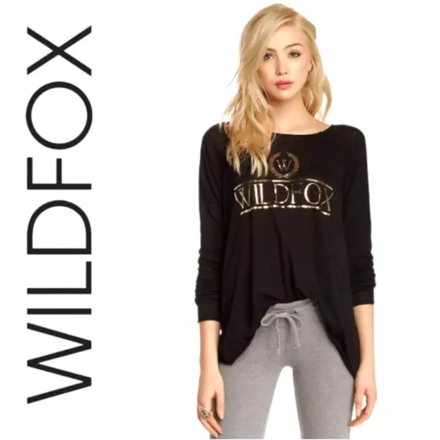 Wildfox Couture Gold Crested Wildfox Logo Black Long Sleeve Lightweight Sweater