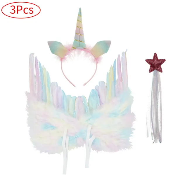 3Pcs Feather Angel Wings Girls Fairy Fancy Costume w/Star Ribbon Magic Wand Prop