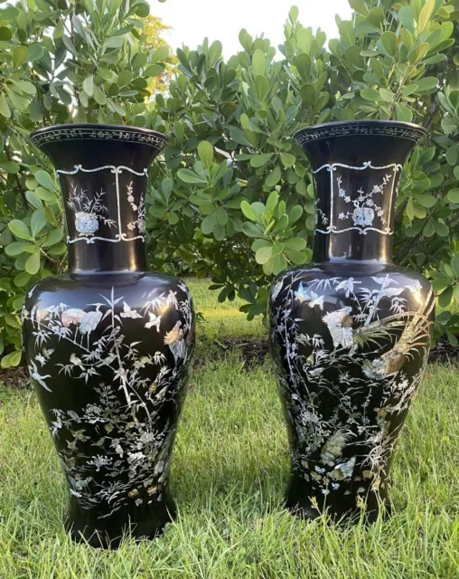 Beautiful Pair of Vintage Antique Chinese or Japanese Large Lacquer Vases