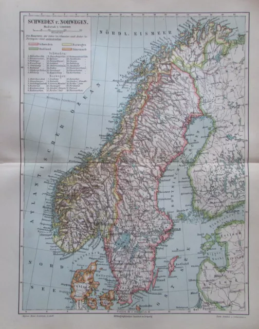 SCHWEDEN NORWEGEN 1897 original historische Landkarte antique map Lithografie