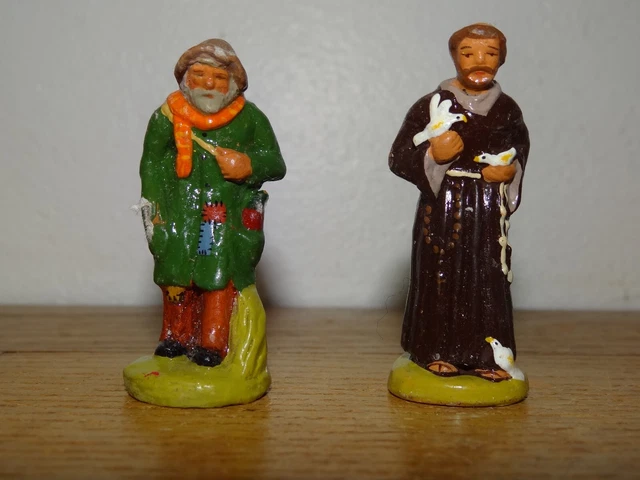 2 Santons Fouque Mendiant ou Clochard et Saint François d'Assise 6,5 cm