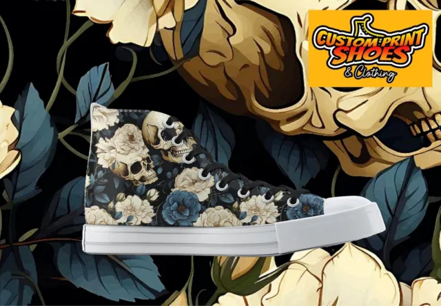 Custom Printed High Top Trainers Shoes Gothic Skulls & Roses Personalised Gift